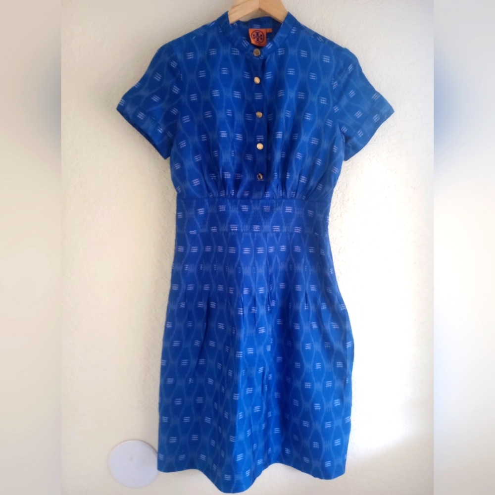 Tory Burch Blue Patterned silk Button Front A-Line Dress